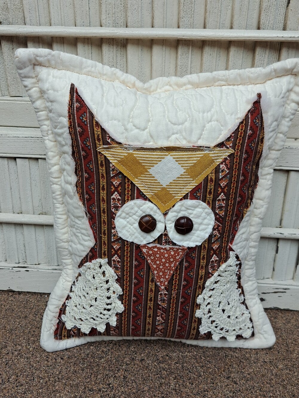 Handmade Owl Appliqué Quilted Throw Pillow - Brown, Cream, Gold Accents